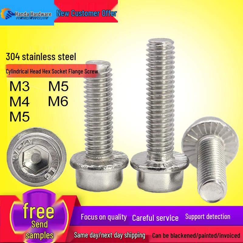 304 Stainless Steel Hex Socket Flange Screws with Washer, Anti-Slip Toothed Cup Head Bolts