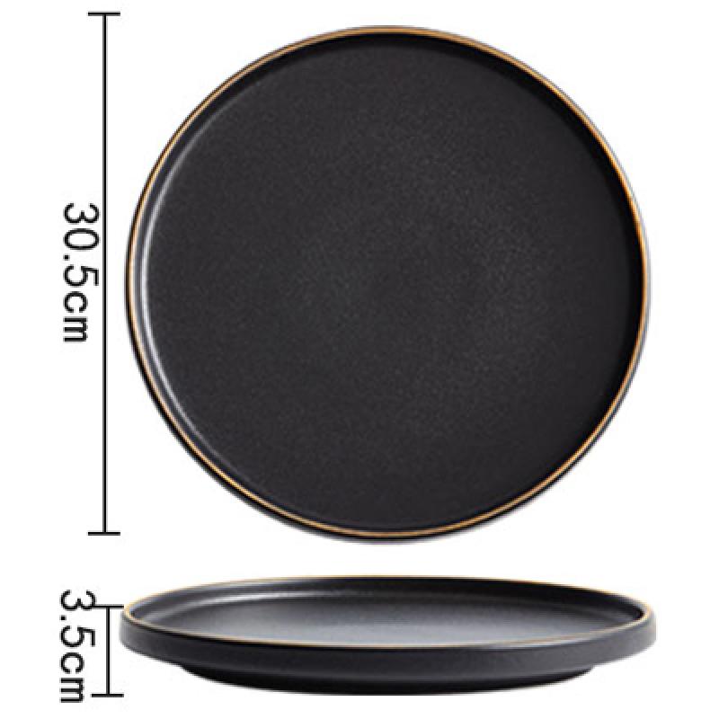 Frosted Black Ceramic Dinner Plate with Gold Border Round Steak Plate Hotel Restaurant Tableware Set Kitchen Utensils Porcelain