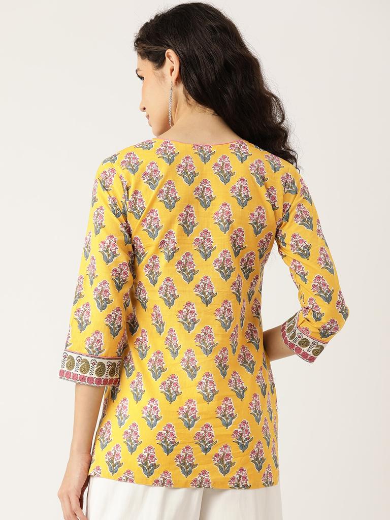 Yellow Printed Sequinned Pure Cotton Kurti