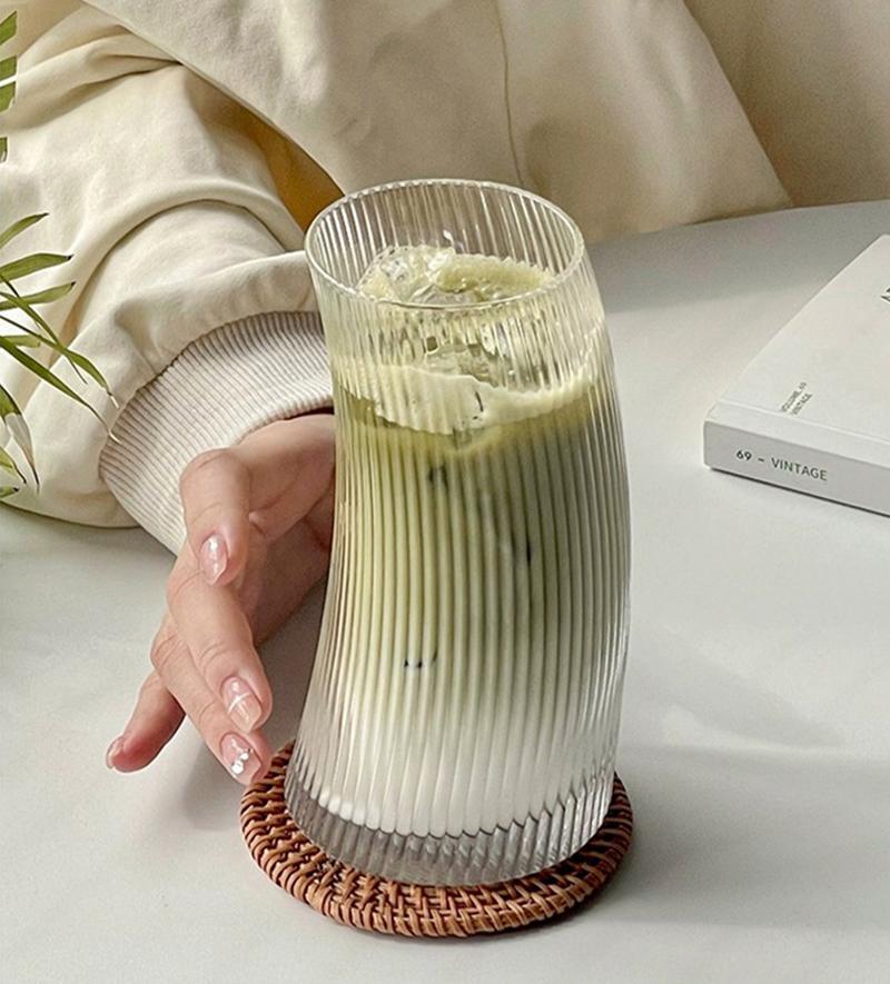 350ml/480ml Modischer Halbmond-Stil Glasbecher Geripptes Klares Glas Milch Wasser Saft Kaffee Tee Tassen Cocktail Biergläser