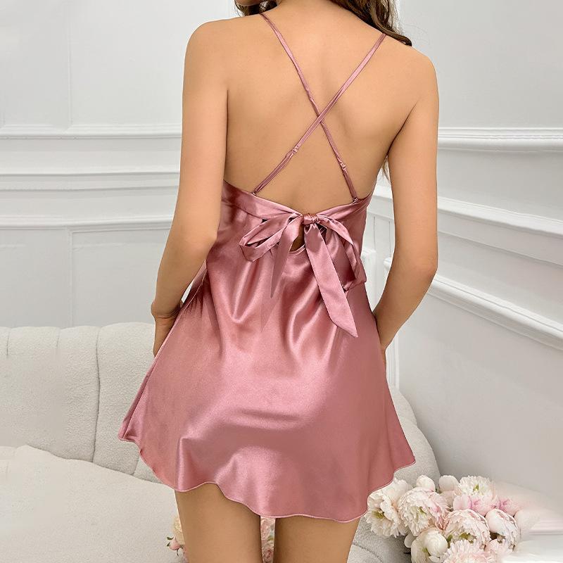 Women's New Breathable Ice Silk Simple Casual Sexy Backless Halter Sleeping Dress
