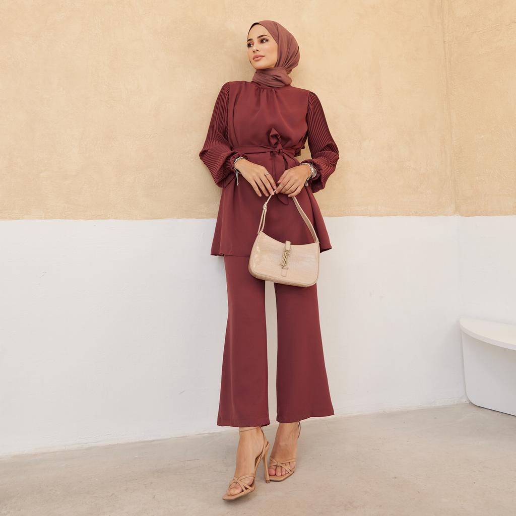 Set tunică pantaloni plisați mâneci femei