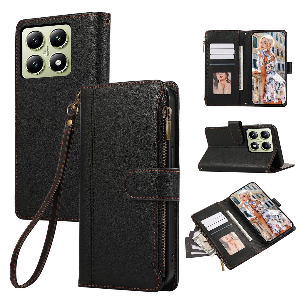 Για Xiaomi 14T Pro Θήκη Πολλαπλές Υποδοχές Καρτών Φερμουάρ Δερμάτινη Θήκη Τηλεφώνου με Λουράκι Καρπού