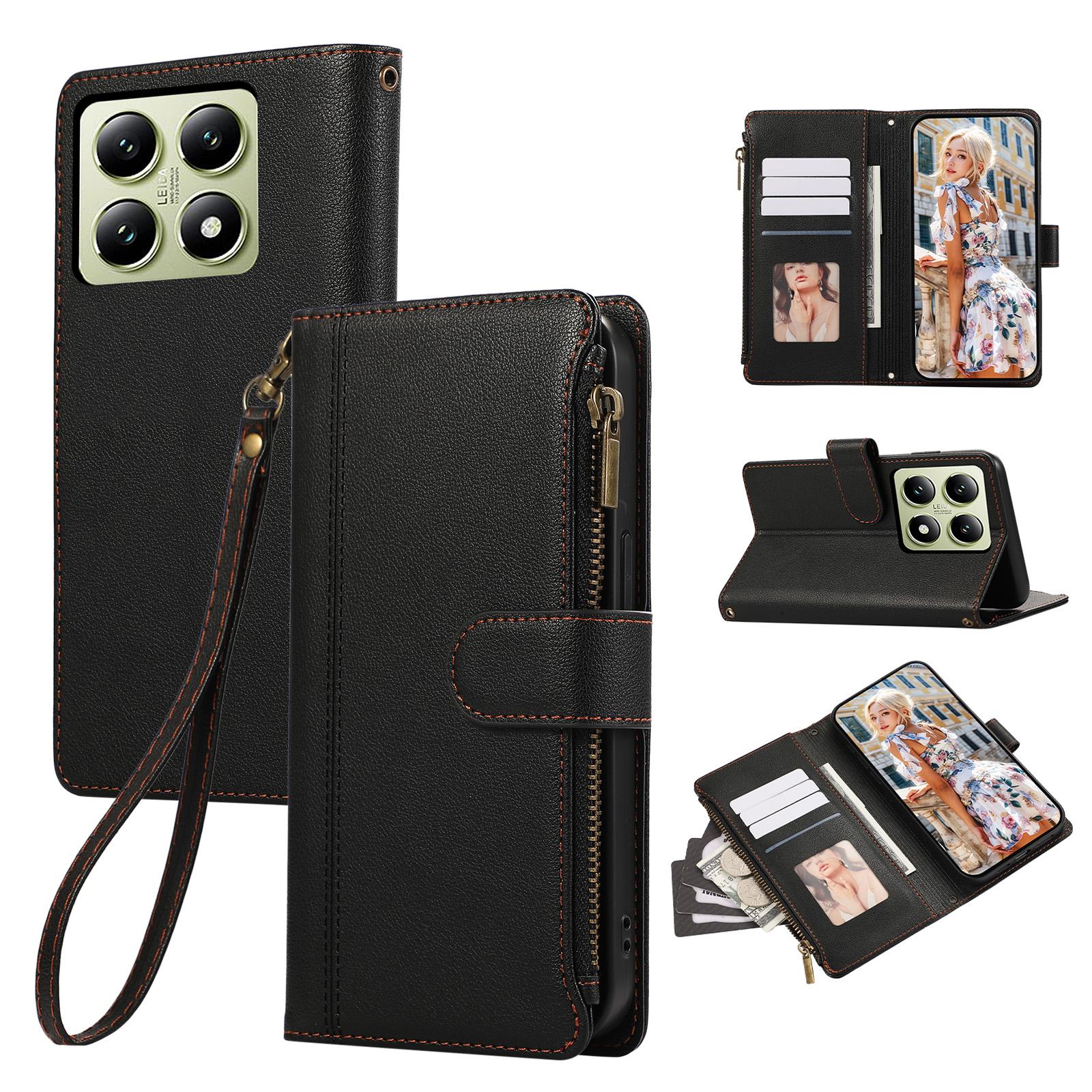 

Чехол для Xiaomi 14T Pro, кожаный чехол для телефона на молнии с несколькими отделениями для карт и ремешком на запястье Black