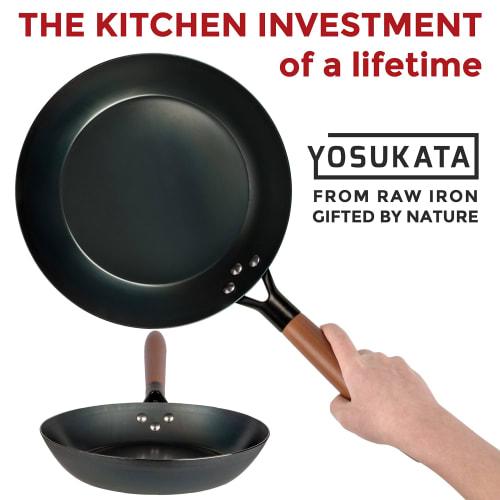 YOSUKATA 10 1/4-inch Carbon Steel Frying Pan ? Non-Toxic Pre-Seasoned Skillet with Removable Wooden Handle ? Coating-Free Wok-Style Pan for Gas, Induc
