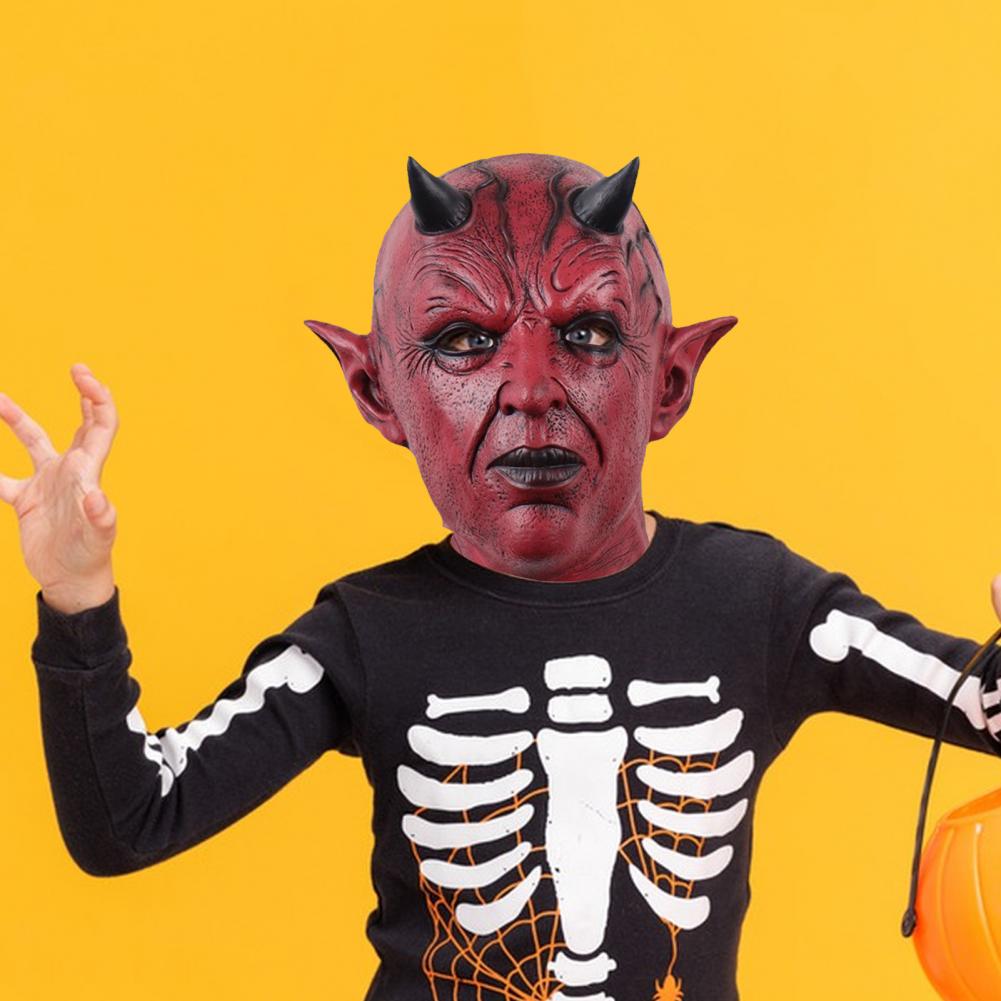 Devil Face Cushion Halloween Cosplay Prop Scary Horror Headgear with Horns Creepy Latex Party Costume Accessory