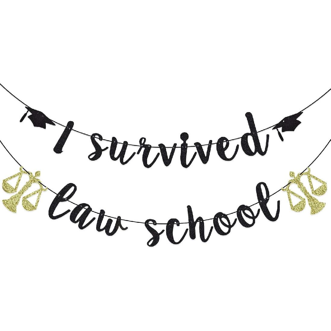 I Survived Law School Banner, Congrats Grad Party Decorations for Lawyer, Lawyer Graduation Party Supplies, Libra Sign (Black Glitter)