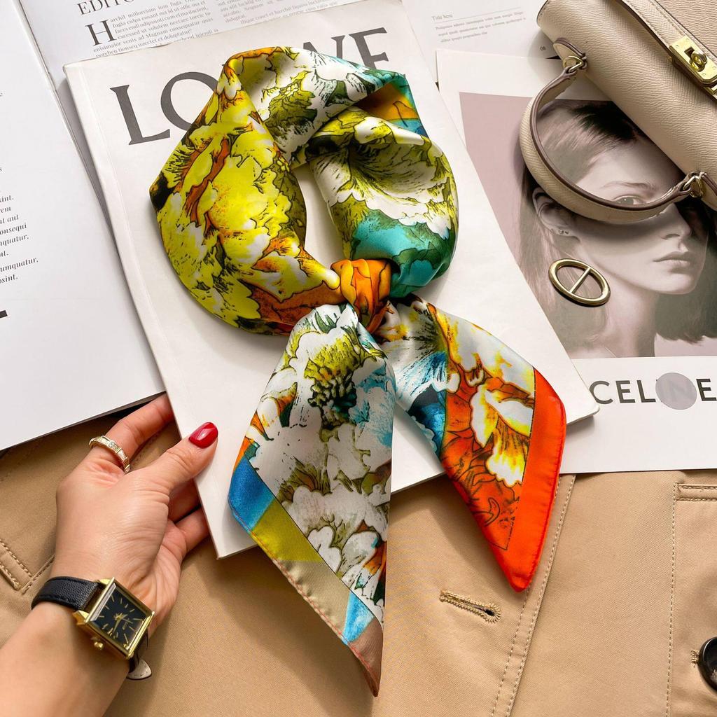 70 cm Beržų Miško Šilko Mišinio Šalikas: Moteriška pavasario/vasaros kvadratinė skarelė aliejinės tapybos stiliumi