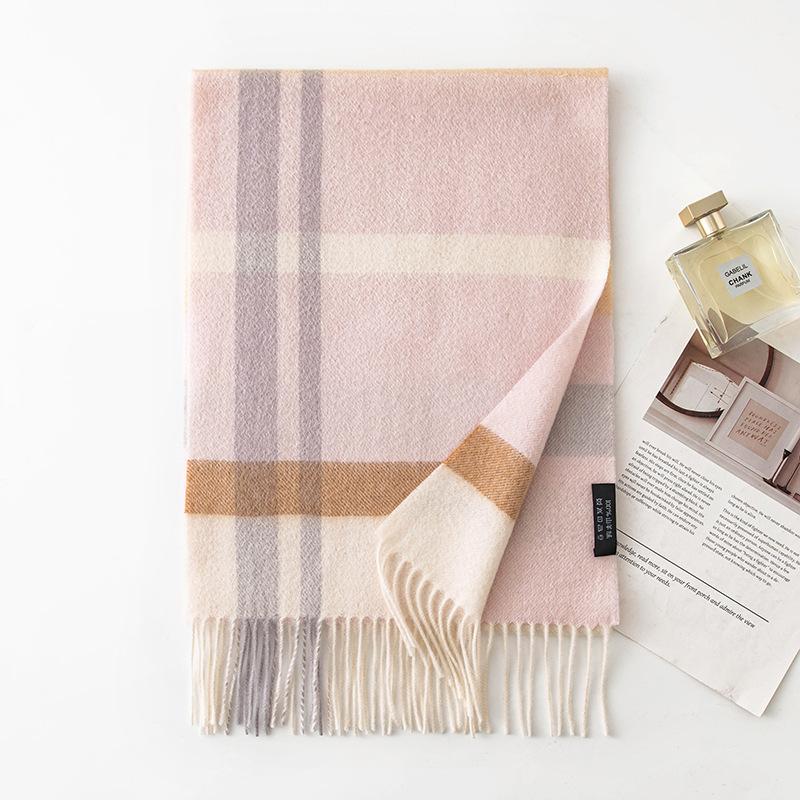 Pure Cashmere Scarf Plaid Women's Autumn and Winter Couple Style Warm Narrow Version Foreign Style Versatile Light Color Scarf