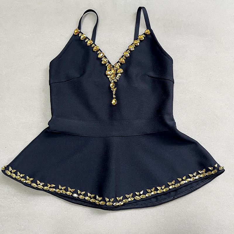 Multicolor Rhinestone Bandage V-Neck Spaghetti Strap High-Waist Evening Gown Set