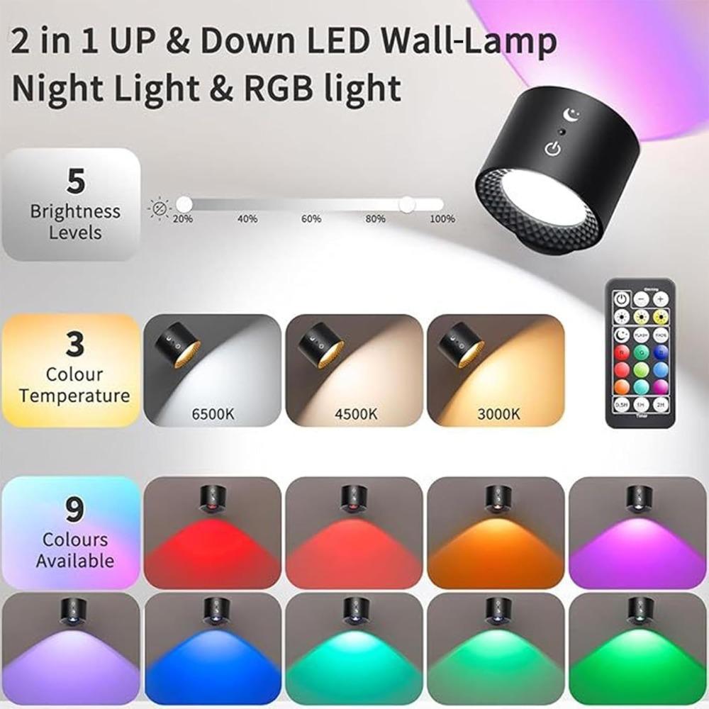 RGB 9-color lighting effect wall lamp, 5W, 5-level brightness night light, wireless gallery light, 360° magnetic rotating reading light