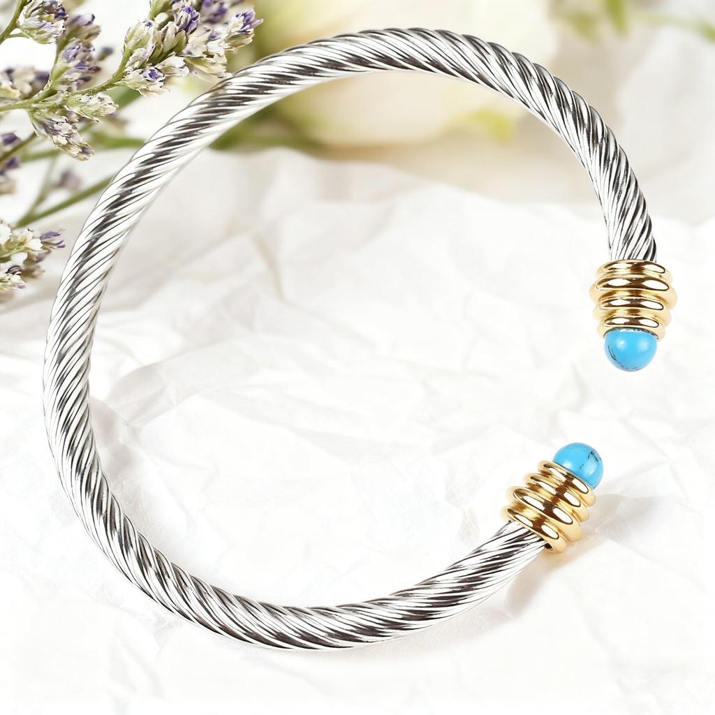 2026 Steel Wire Bracelet Bracelet Women's Black and White Bead Crystal Turquoise Twist Steel Wire Pearl Bracelet