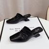 Fashion On A Wedge Shoes Woman 2025 Female Slippers Square Toe Beige Heeled Sandals Luxury Slides New Cover Black Designer Pleated