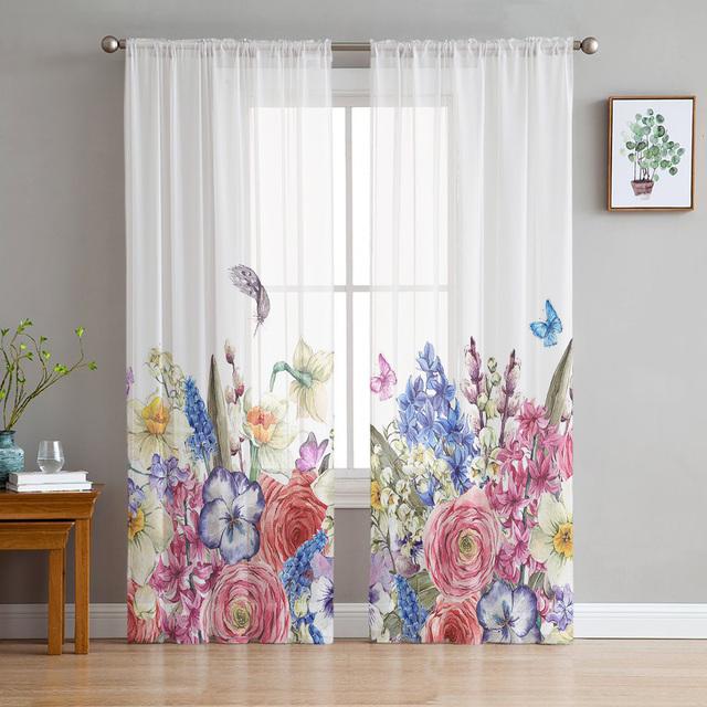 Green Plant Red Hibiscus Chiffon Tulle Curtains For Living Room Kitchen Bedroom 3d Print Sheer Voile Curtain Window Treatment