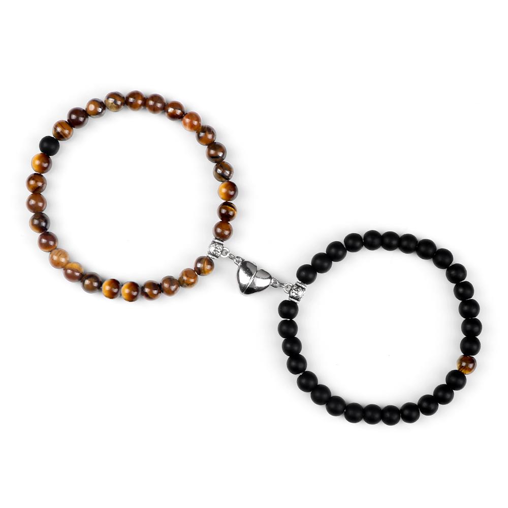 2Pcs/Set Couple Magnet Heart Shape Pendant Bracelets 6MM Malachite Tiger Eye Bangles Love Relationship Pulsera Jewelry Gift New
