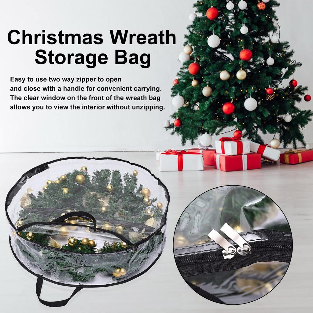 24 Inch Wreath Storage Bag: Water-Resistant PVC with Clear Window - Dual Zipper Design for Christmas Holiday Decorations Organization