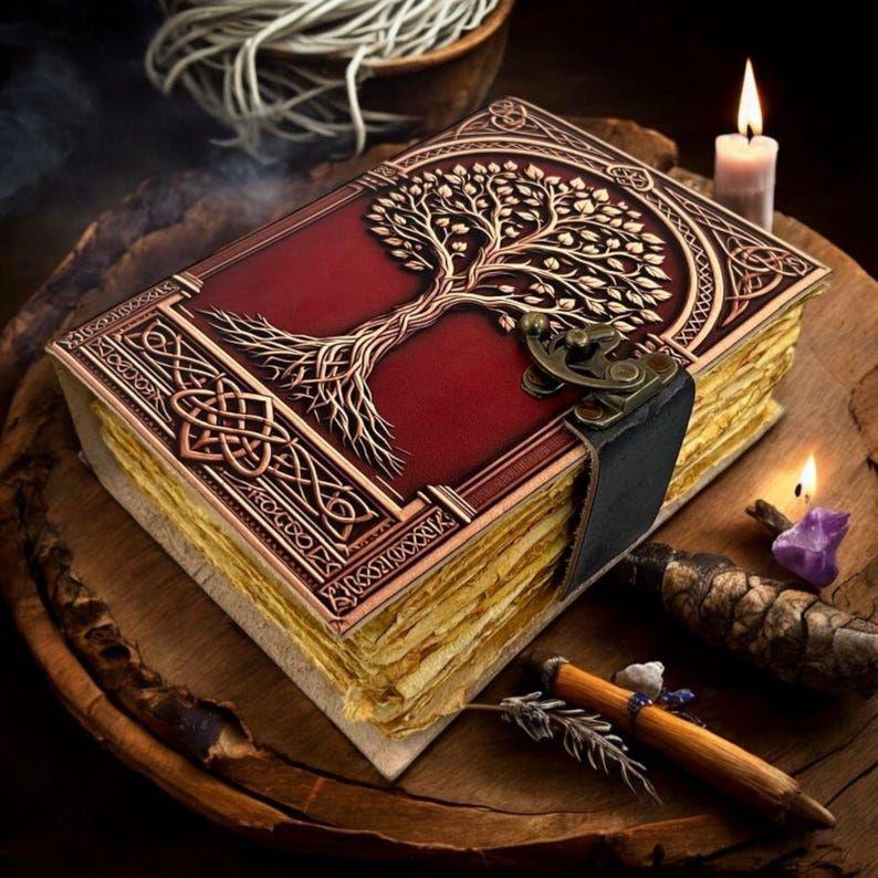 Large Grimoire Vintage leather journal, Tree of Life Fat Journal, Blank spell book of shadows Celestial Gifts For Him Her
