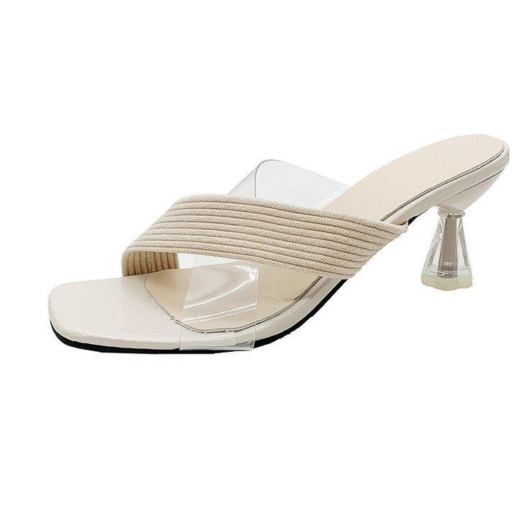 

High-heeled slippers women s summer European and American PVC transparent one-word drag cone high-heeled ladiesslippers 42