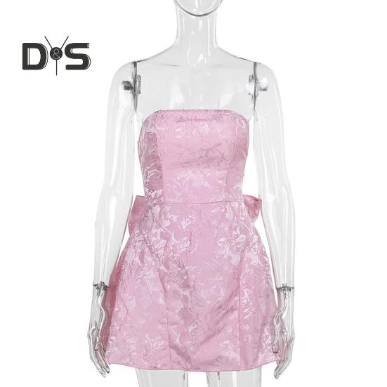 Vestido de noche para mujer, con lazo grande, decoración, bandeau, hombros descubiertos, textura floral, sin mangas, con cordones, corte en A, espalda descubierta, para fiesta de graduación, cóctel, vestido de baile de verano Mini