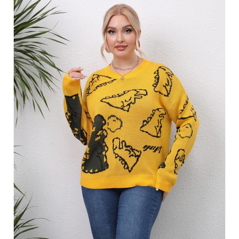 Plus Size Women S Thick Knit Dinosaur Print Pullover Sweater