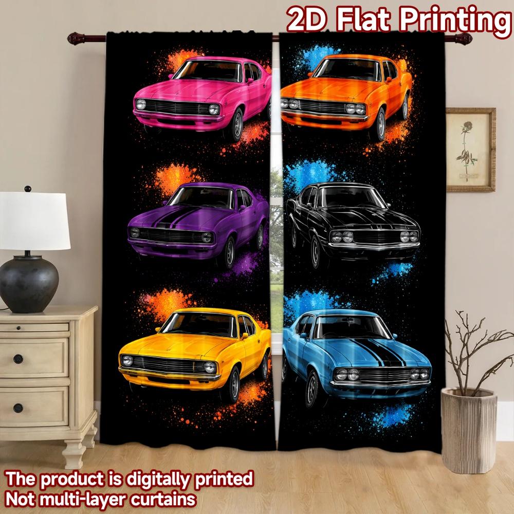2D Flat Printing 2pcs Curtain Party Window Curtains Colorful Classic Cars Digital Printed Polyester Drapes Festive Curtains