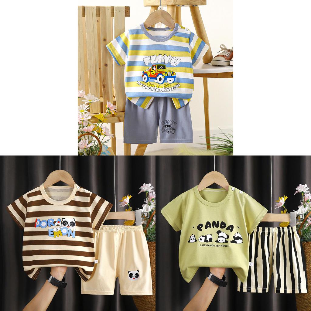 Summer Kids Toddler Short Sleeve Shorts Set With Cartoon Patterns For Boys And Girls