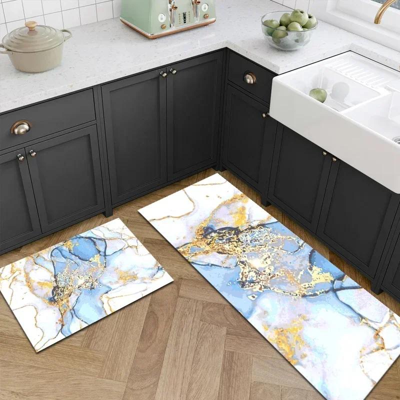 

Ковры для кухни Водонепроницаемый ПВХ-коврик с мраморным узором Кожаные коврики Современный ковер Противоскользящий длинный полосатый коврик Ковры для домашнего декора 50x80cm