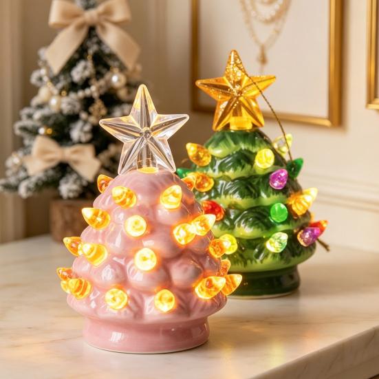 Cozy Christmas Party Supplies Tree Ornament, Glowing Retro Resin Tabletop Decor with Star Mini Decorations Topper, Vintage Xmas Trees Night Light for