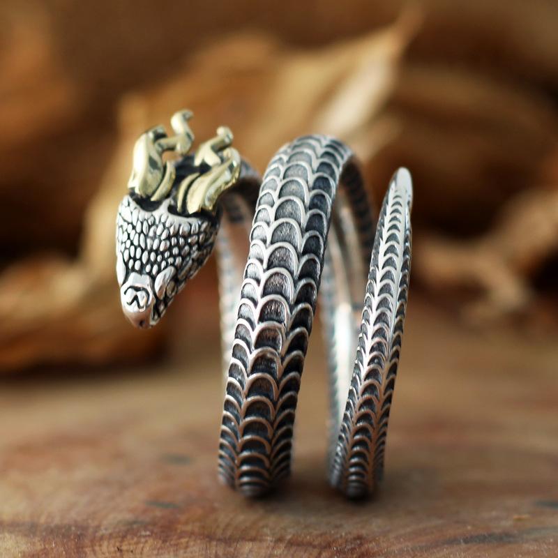 Buyee Copper Male Unique Ring Finger Horned Snake Animal Open Ring For Men Fashion Punk Fine Jewelry Circle Gift