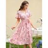 Women Floral Print Midi Dress V Neck Flutter Sleeve Waist Tie Casual Daily And Party Wear