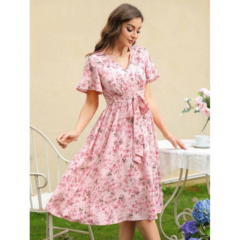 Women Floral Print Midi Dress V Neck Flutter Sleeve Waist Tie Casual Daily And Party Wear