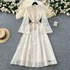 French Style Elegant Heavy Industry Crochet Embroidery Waist Hugging Stand Collar Single-Breasted Wooden Ear Patchwork Bell Sleeve Long Dress