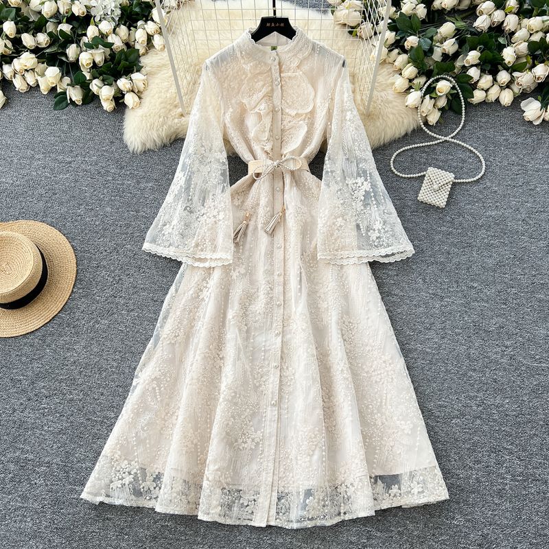 French style Elegant Heavy Industry Crochet Embroidery Waist Hugging Stand Collar Single-Breasted Wooden Ear Patchwork Bell Sleeve Long Dress