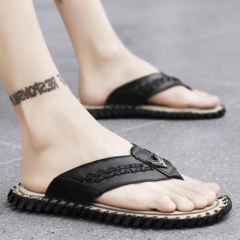 Herrtofflor Platta Tofflor Extra Breda Slip-on Sandaler Utomhus Strand Casual Mjuka Gåskor Lädertofflor Plusstorlek