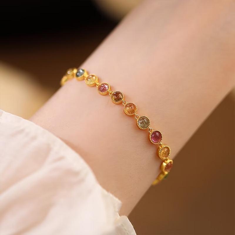 S925 Sterling Silver Bracelet Luxury Inlaid Tourmaline Retro Personality Versatile Temperament Jewelry High Sense