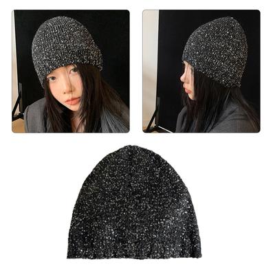 Black Sequin Hat Skull Cap Fashionable Cool Eye-Catching Adjustable Unisex Party Sparkling Sequin Hat Black Clubwear