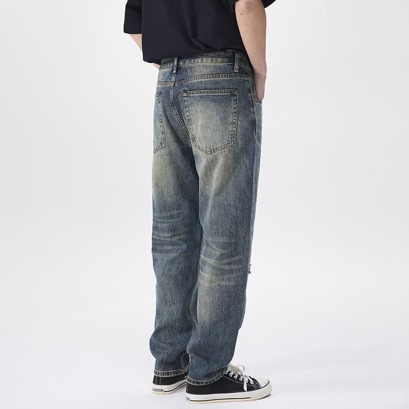 Daddy Jeans Men's Washed Heavy Industry Patch Denim Trendy Brand American Retro Loose Straight Casual Pants Ripped Pants
