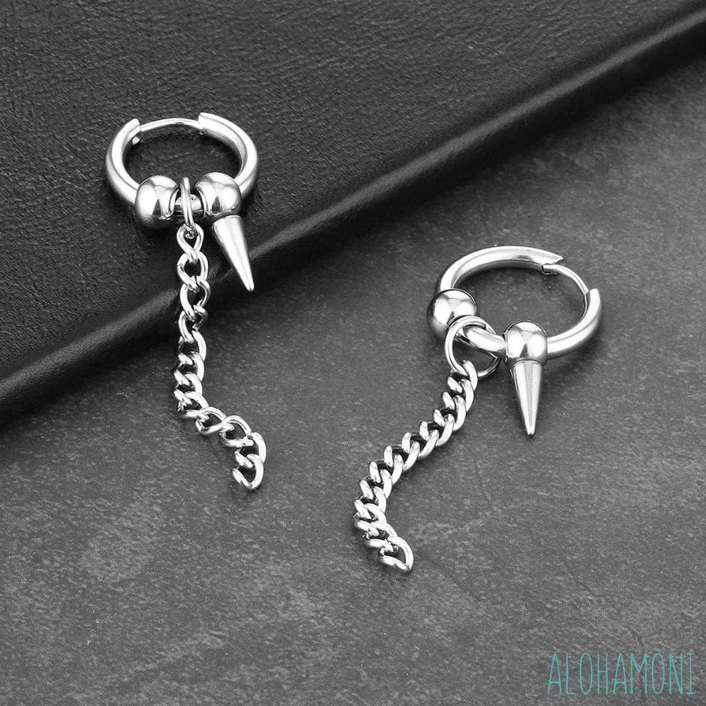 ALOHAMONI BIGBANG G-DRAGON Hoop Earrings (5-Piece Set) with Chain, Cross, Spike, Peace, and Ball Designs. Silver Hoop Rings for Men and Women. Unisex.