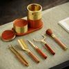 Copper Ebony Wood Tea Ceremony Set 6 Tools Teacup Mat Caddy Tongs Brush Holder Gongfu