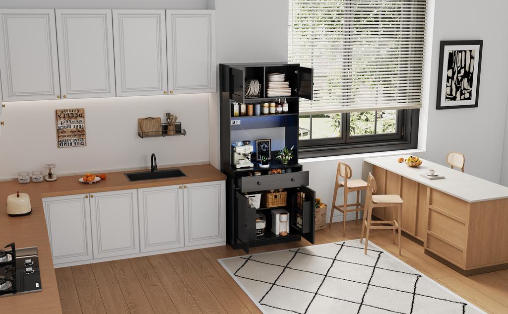 180 Cm Kitchen Cabinet, Tall Cabinet with LED, Kitchen Shelf with Socket, Spice Rack and Large Drawer for Kitchen, Dining Room & Living Room