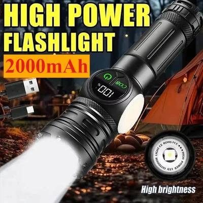 High Power LED Flashlight USB Rechargeable Light Telescopic Zoom Torch Digital Display Tail Magnetic Working Emergency Lantern