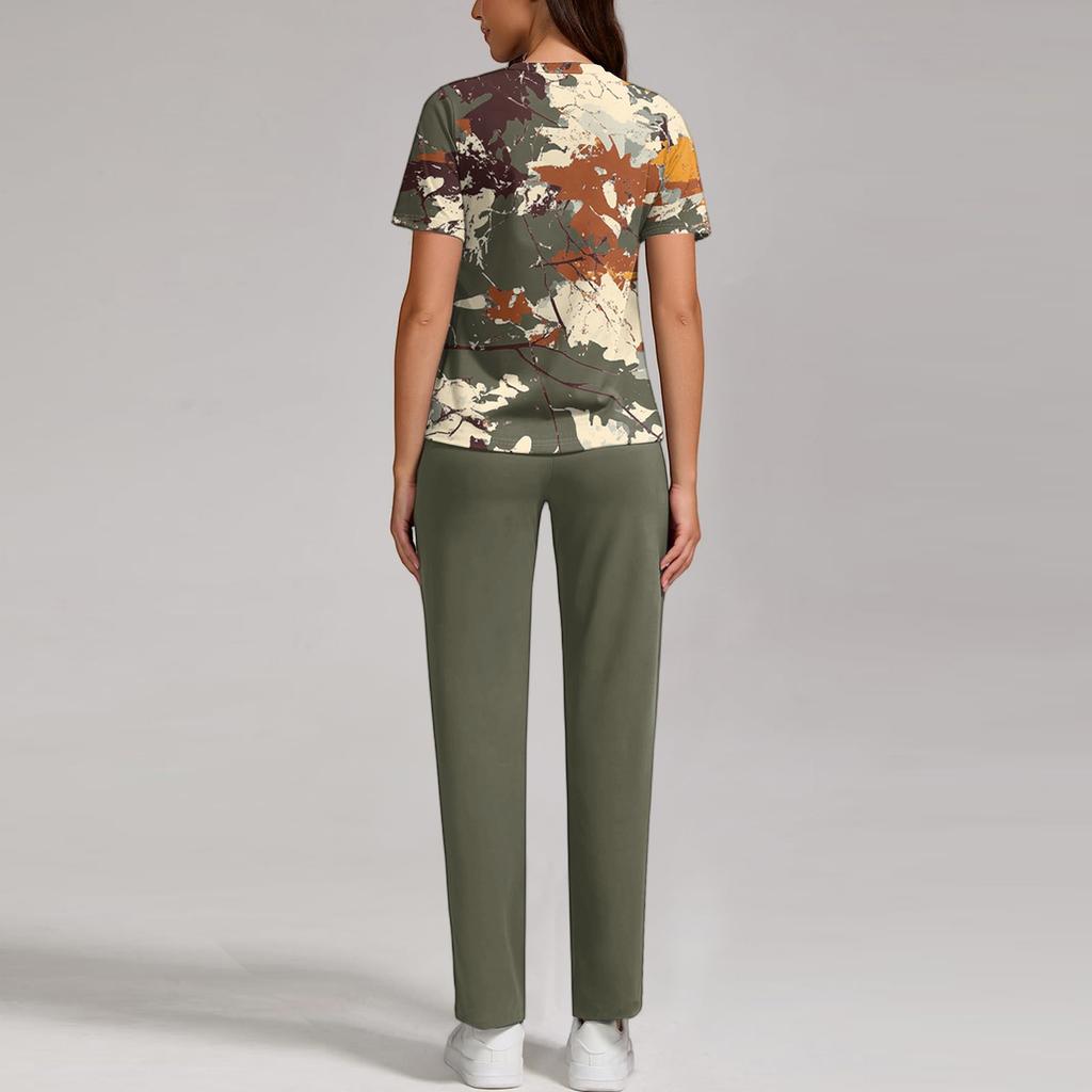 Plus SizePrinted Scrub Working Uniform Tops para mulheres Cross V-neck Halloween Print manga curta camisetas divertidas Workwear Tee com bolsos