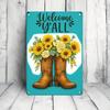 1PC 2D Flat Metal Tin Sign, Welcome Y'all Cowboy Boots Sunflower Wall Decor, Rustic Farmhouse 12x8 Inch Iron Plaque