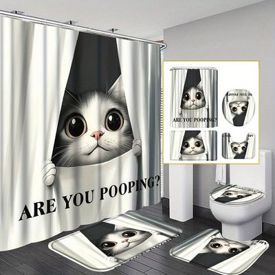 4Pcs Bathroom Shower Curtain Set Funny Cat  Pattern Bathroom Curtain With 12 Hooks Non Slip Rugs Toilet Cover Mat Bathroom Partition