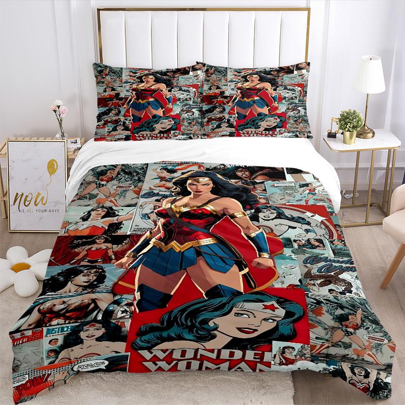3pcs Wonder Woman Bedding Set, Soft Polyester Duvet Cover and Pillowcases Machine Washable Seasons all suitable & Guest Room Decor331