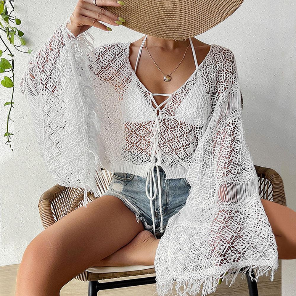 Women's Beach Blouse Tassel Sexy Flared Sleeve Sunwear Long Sleeve Top
