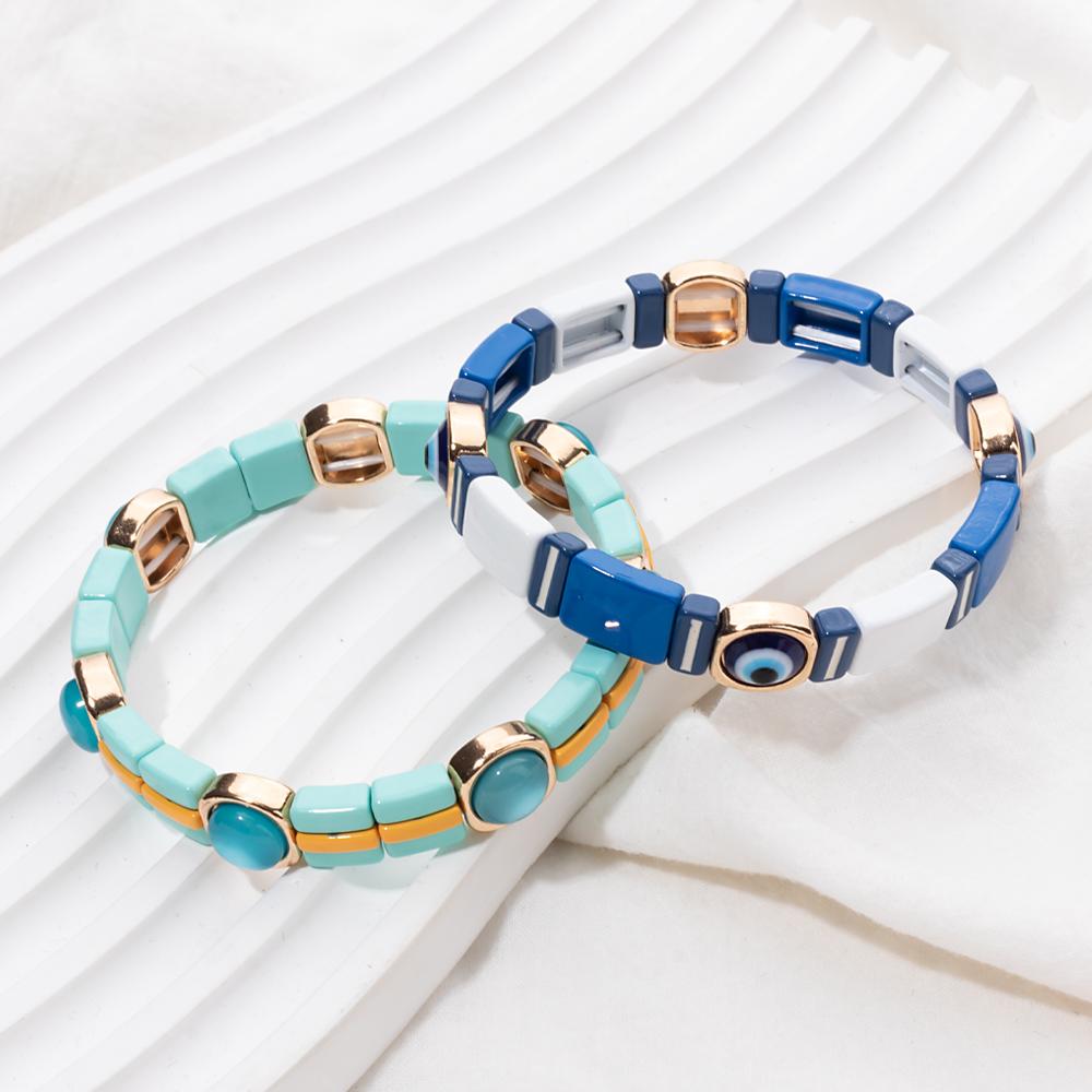 New Fashion Deil Eye Enamel Bangle for Women Colorful Beaded Boho Rectangle Shape Hand Accessory