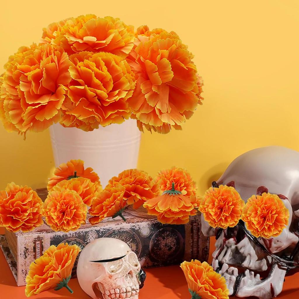 Artificial Marigold Flowers Halloween Decoration Orange Marigold Head Silk Fake Paper Flowers Decor for Day of The Dead Diwali