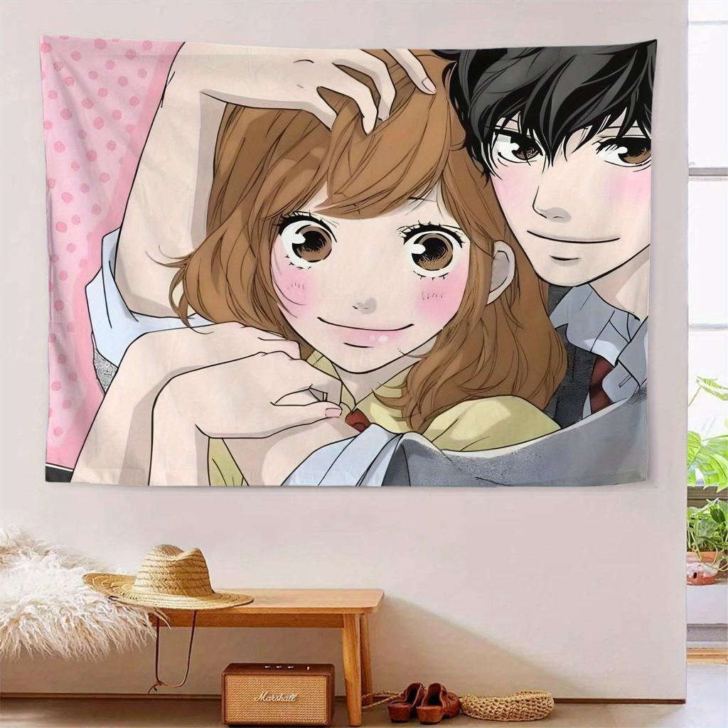 1pc Kawaii Anime School Couple Tapestry 2D Polyester Printed Pink Polka Dot Aesthetic Wall Decor for Bedroom Living Room Dorm Gi