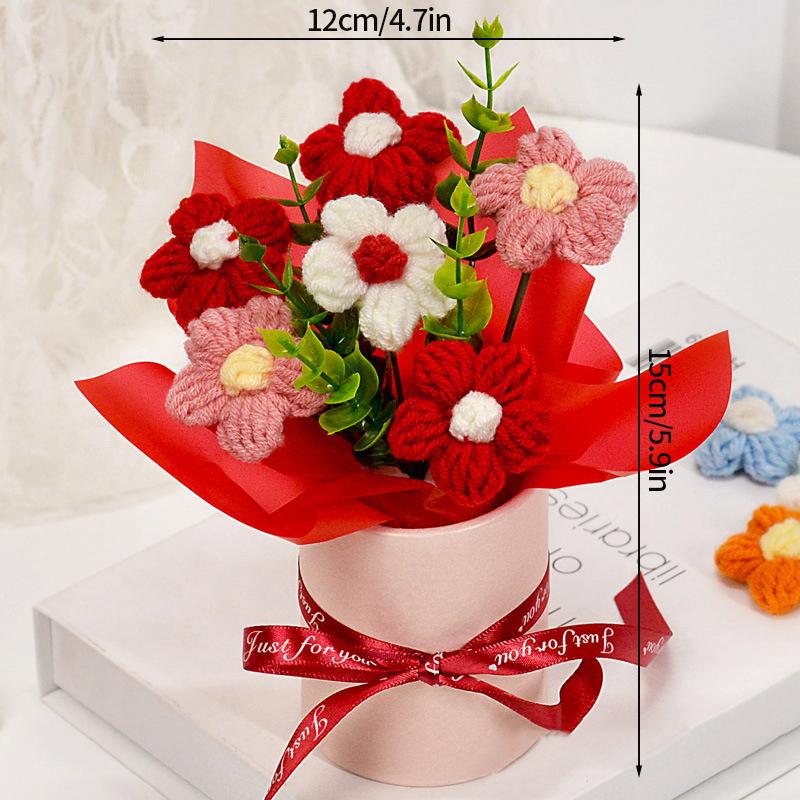 Artificial Flower Crochet Bouquet Knitted Rose Flowers Hugging Bucket Valentine's Day Birthday Gifts Sunflower Daisy Bouquet